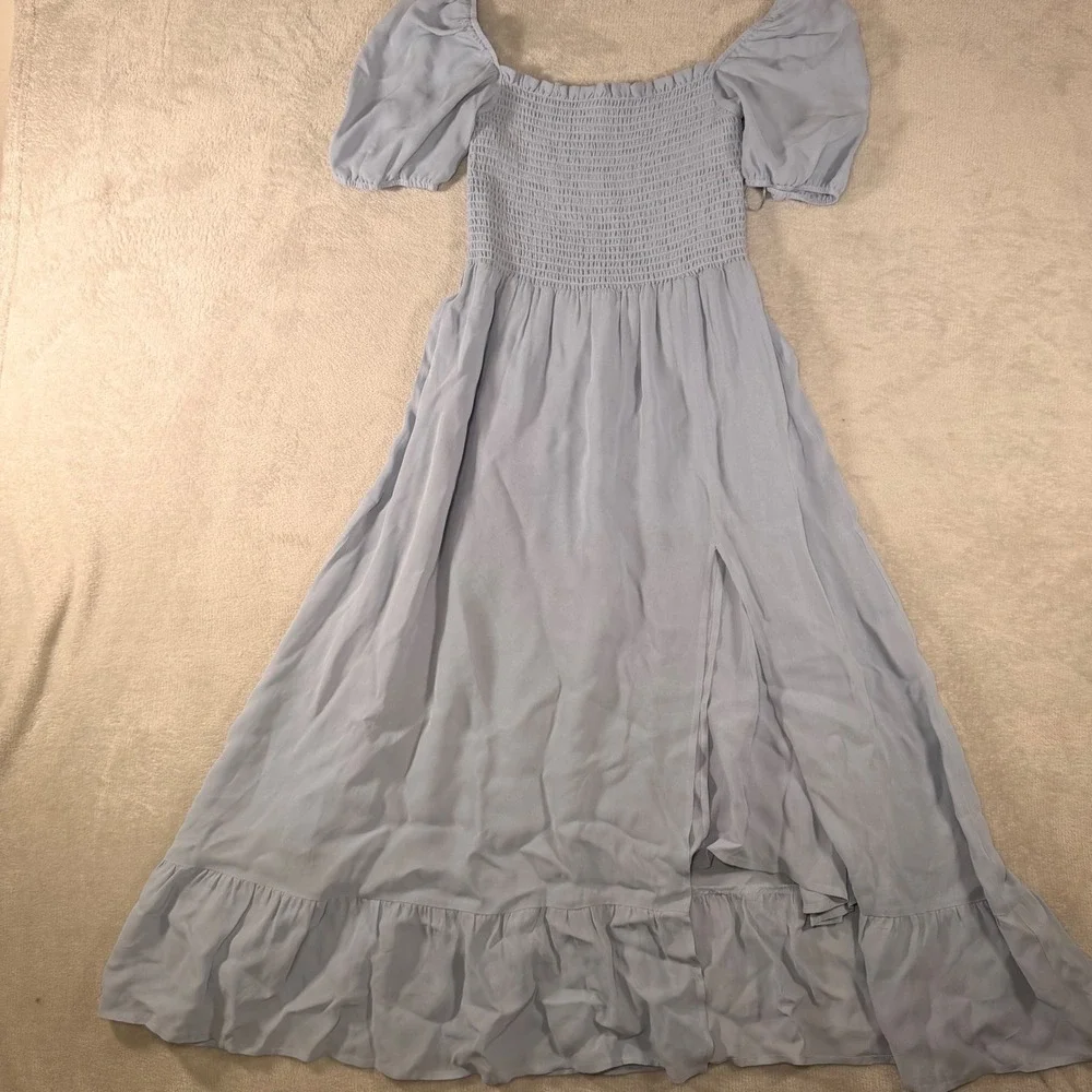 Reformation Light Blue Smocked Puff Sleeve Midi Dress Ruffle Hem Slit Small - Picture 2 of 8